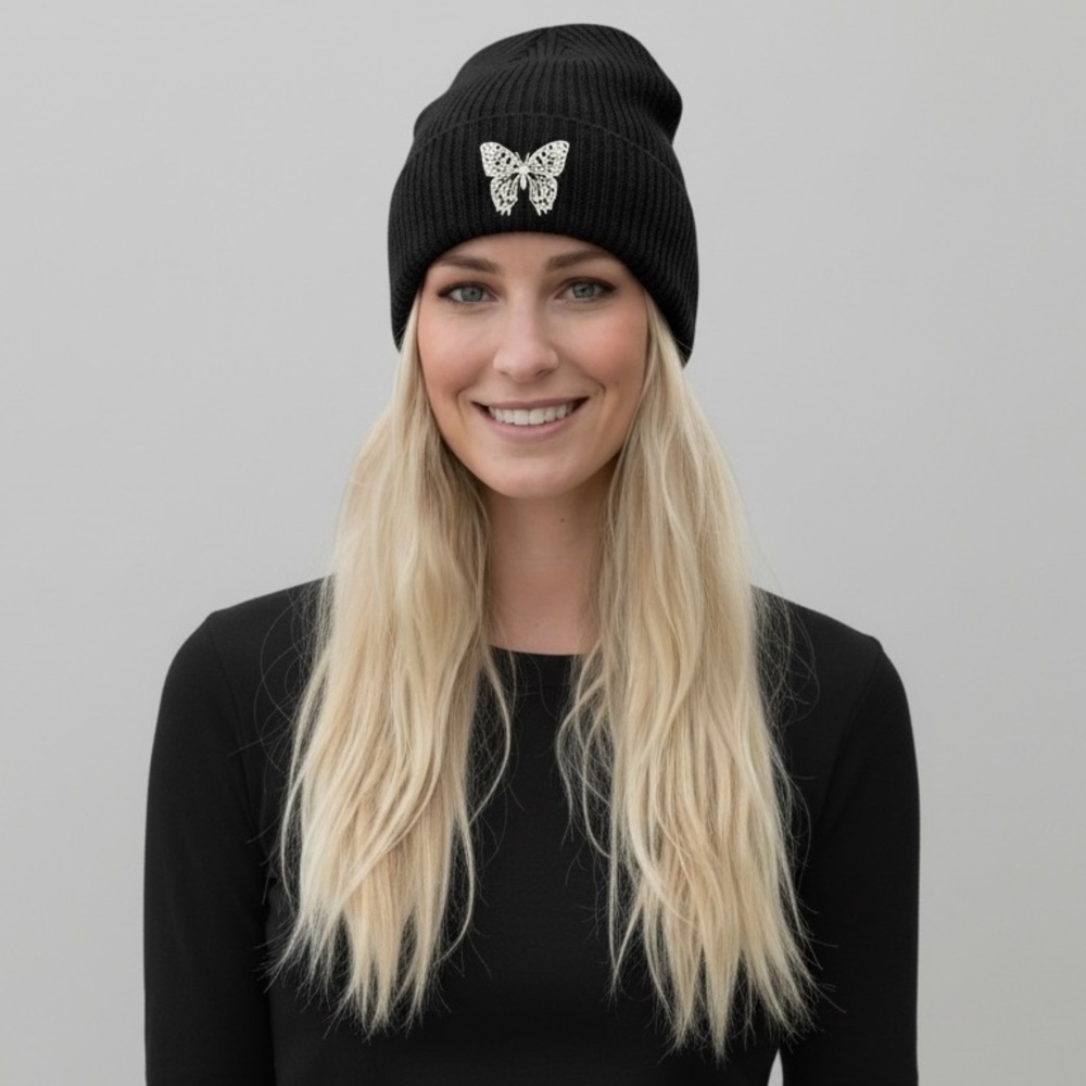 Black Knit Beanie with White Butterfly Embroidery